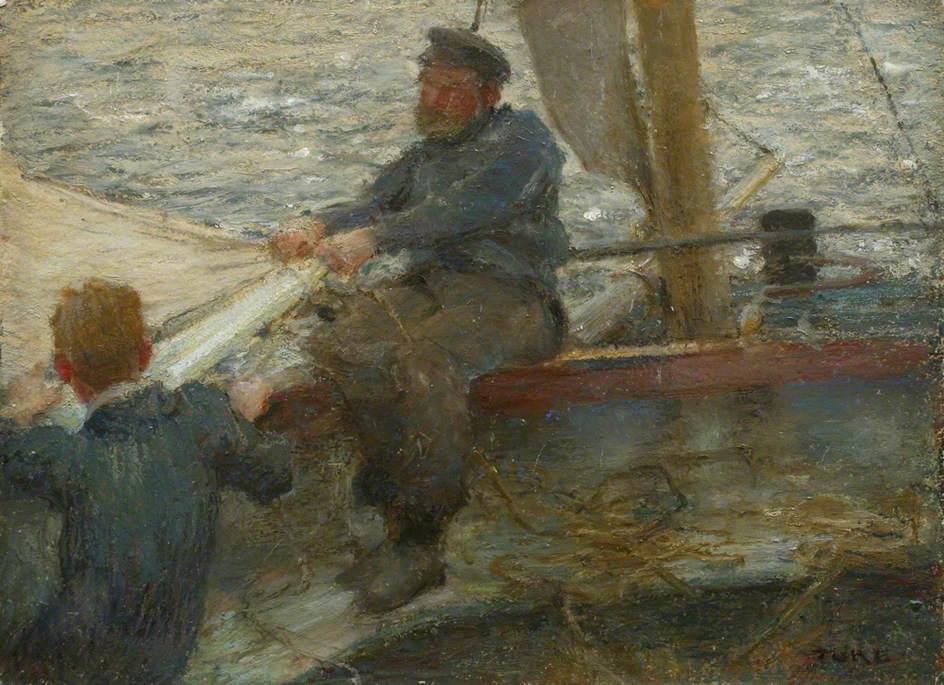 WikiOO.org - Enciclopédia das Belas Artes - Pintura, Arte por Henry Scott Tuke - Reefing the Mainsail (sketch)