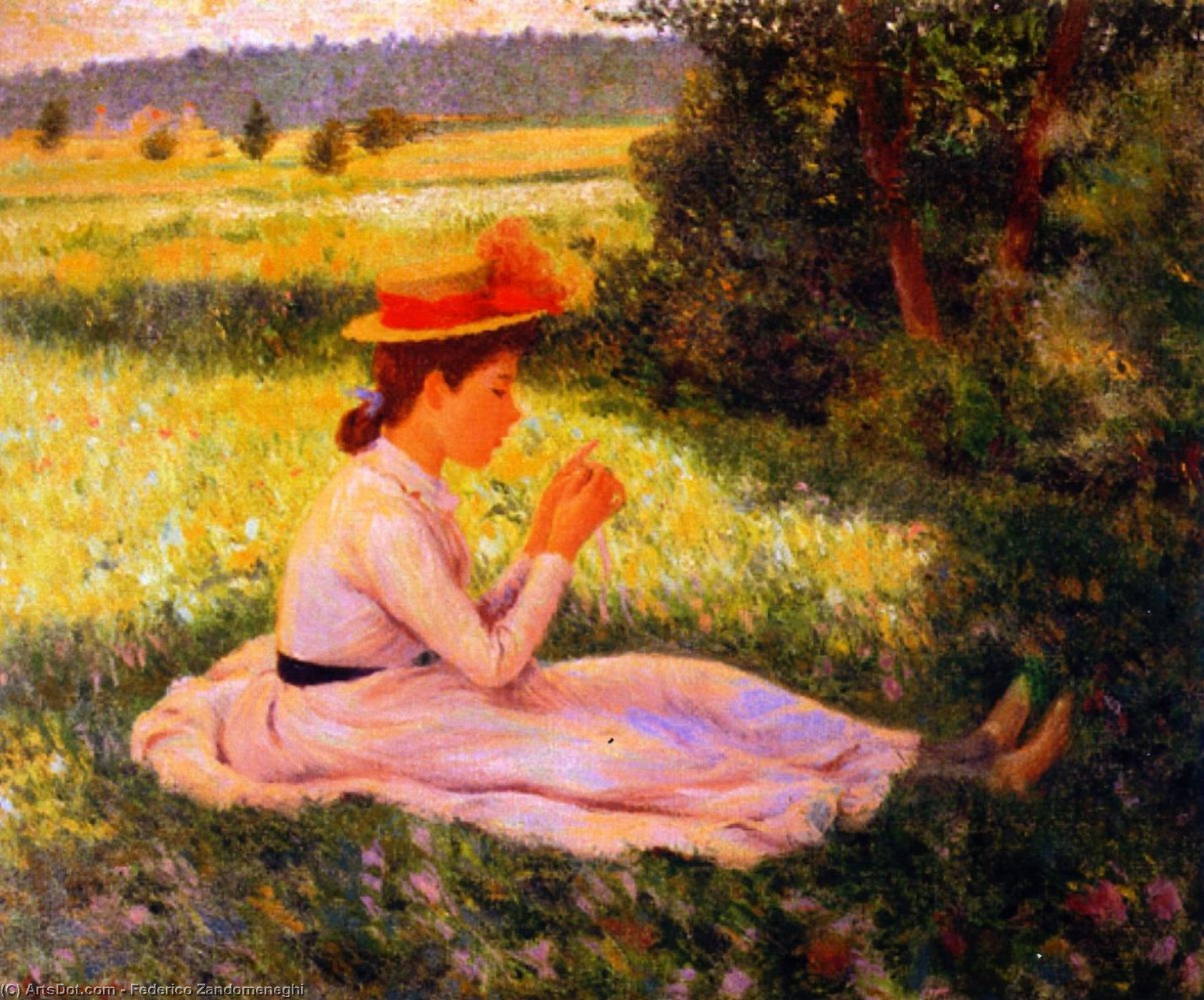 Wikioo.org - The Encyclopedia of Fine Arts - Painting, Artwork by Federico Zandomeneghi - Repose in the Meadow (also known as Girl in a Field)