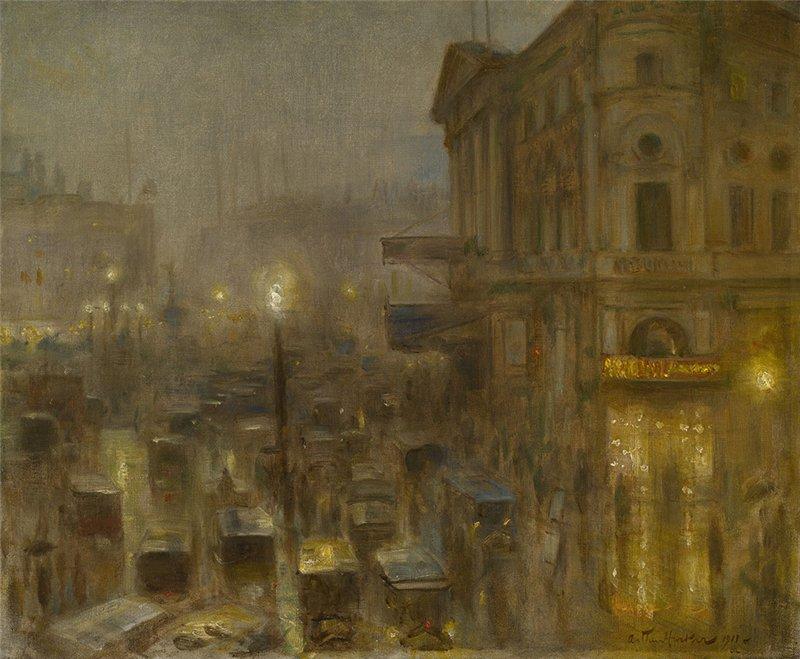 Wikioo.org - The Encyclopedia of Fine Arts - Painting, Artwork by Arthur Hacker - Return from the Matinée, Piccadilly Circus