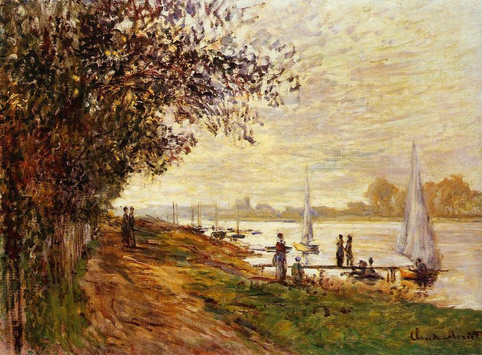 Wikioo.org - สารานุกรมวิจิตรศิลป์ - จิตรกรรม Claude Monet - The Riverbank at Le Petit-Gennevilliers, Sunset