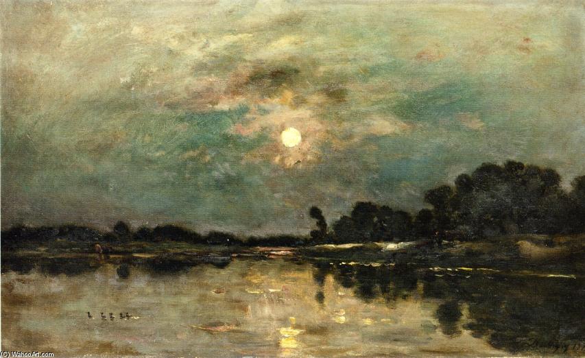 Wikioo.org – La Enciclopedia de las Bellas Artes - Pintura, Obras de arte de Charles François Daubigny - Riverbank en el claro de luna