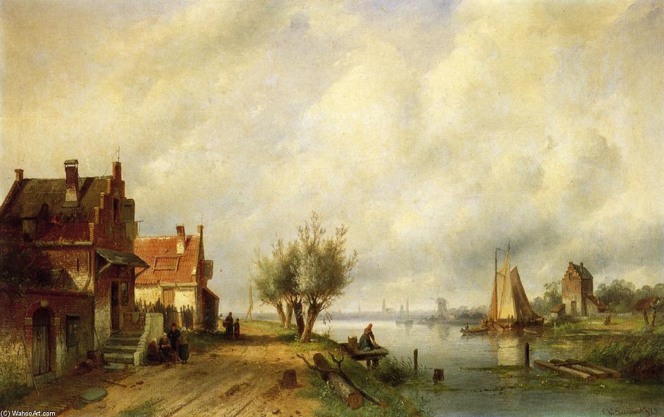 Wikioo.org - The Encyclopedia of Fine Arts - Painting, Artwork by Charles Henri Joseph Leickert - A River Landscape in Summer with Peasants Conversing by Old Houses along a Road, Moored Shipping Across, a Town in the Distance