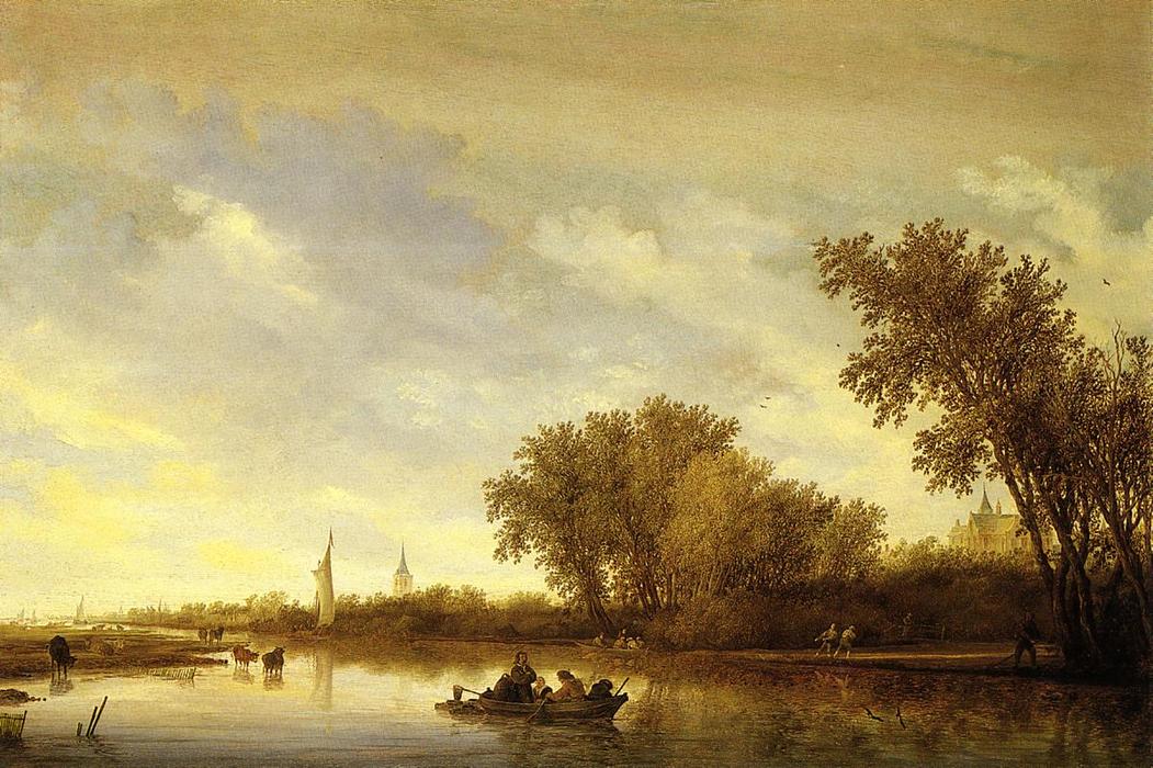 Wikioo.org - The Encyclopedia of Fine Arts - Painting, Artwork by Salomon Van Ruysdael - A River Landscape with Boats and Chateau