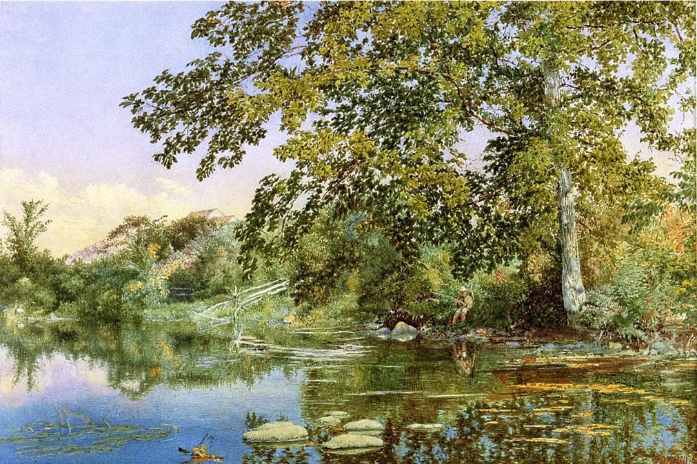Wikioo.org - The Encyclopedia of Fine Arts - Painting, Artwork by John William Hill - River Landscape with Boy Fishing
