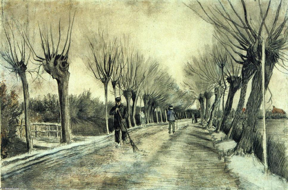 WikiOO.org - Енциклопедия за изящни изкуства - Живопис, Произведения на изкуството Vincent Van Gogh - Road with Pollarded Willows and a Man with a Broom