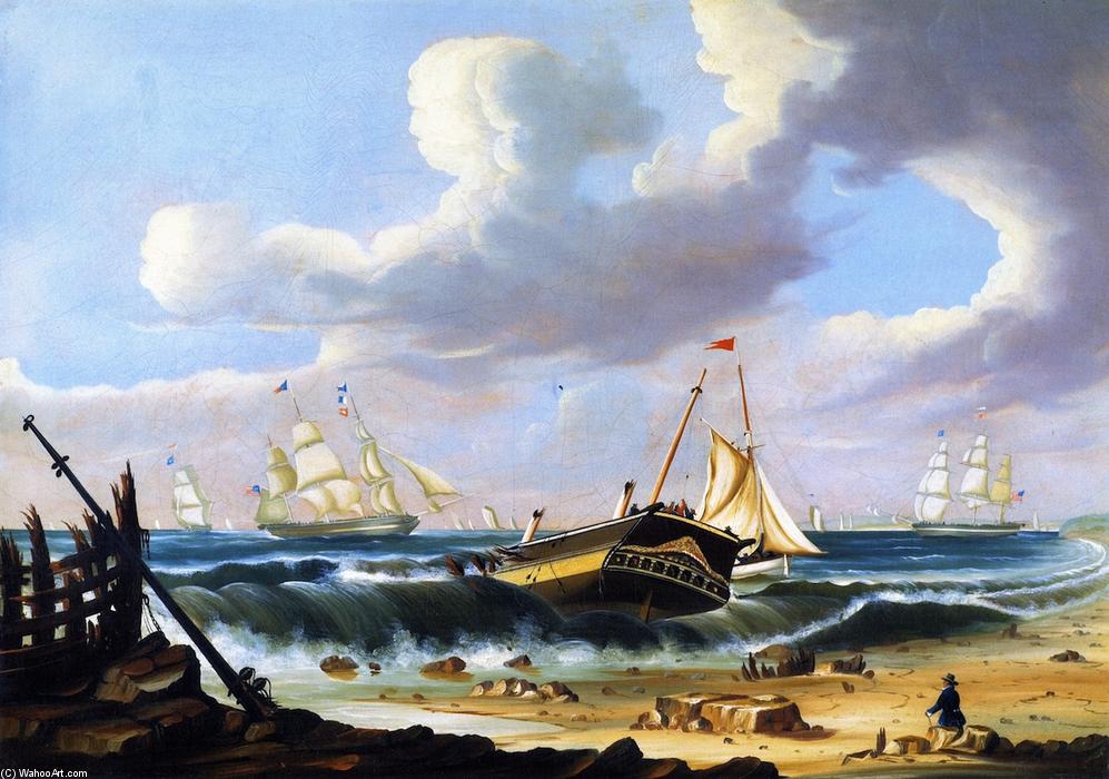 Wikioo.org – La Enciclopedia de las Bellas Artes - Pintura, Obras de arte de Thomas Chambers - Rockaway Playa , nueva york , con el Ruina de los nave bristol