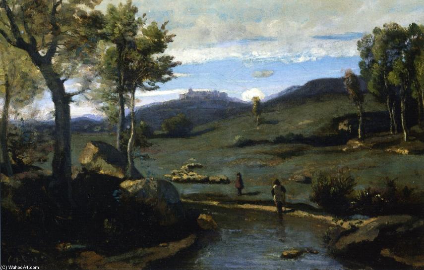 Wikioo.org - The Encyclopedia of Fine Arts - Painting, Artwork by Jean Baptiste Camille Corot - Roman Campagne - Rocky Valley with a Herd of Pigs