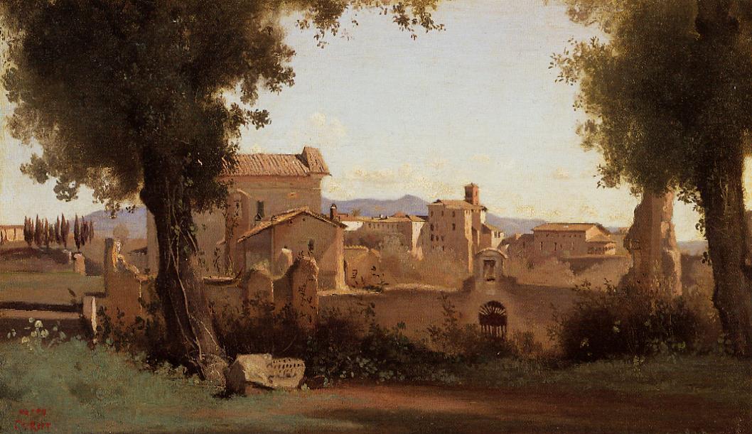 Wikioo.org – L'Enciclopedia delle Belle Arti - Pittura, Opere di Jean Baptiste Camille Corot - Roma -   veduta  da  dopodomani  Orti Farnesiani  mattino
