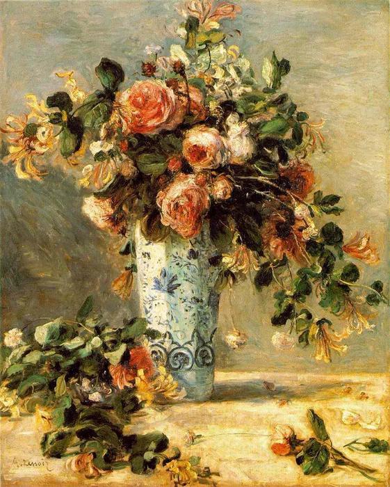 WikiOO.org - Enciclopedia of Fine Arts - Pictura, lucrări de artă Pierre-Auguste Renoir - Roses and Jasmine in a Delft Vase
