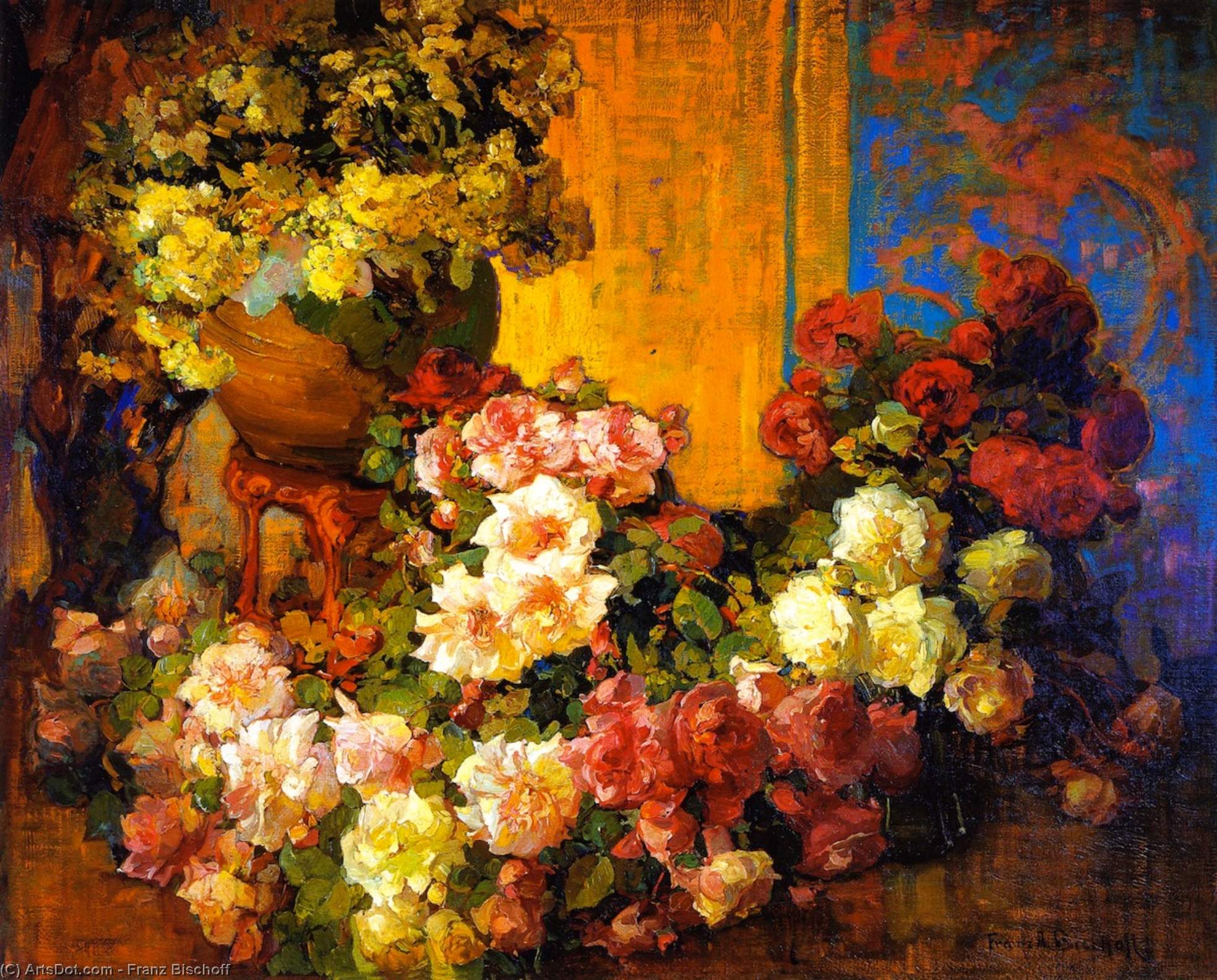 Wikioo.org - Bách khoa toàn thư về mỹ thuật - Vẽ tranh, Tác phẩm nghệ thuật Franz Bischoff - Roses and Lilies
