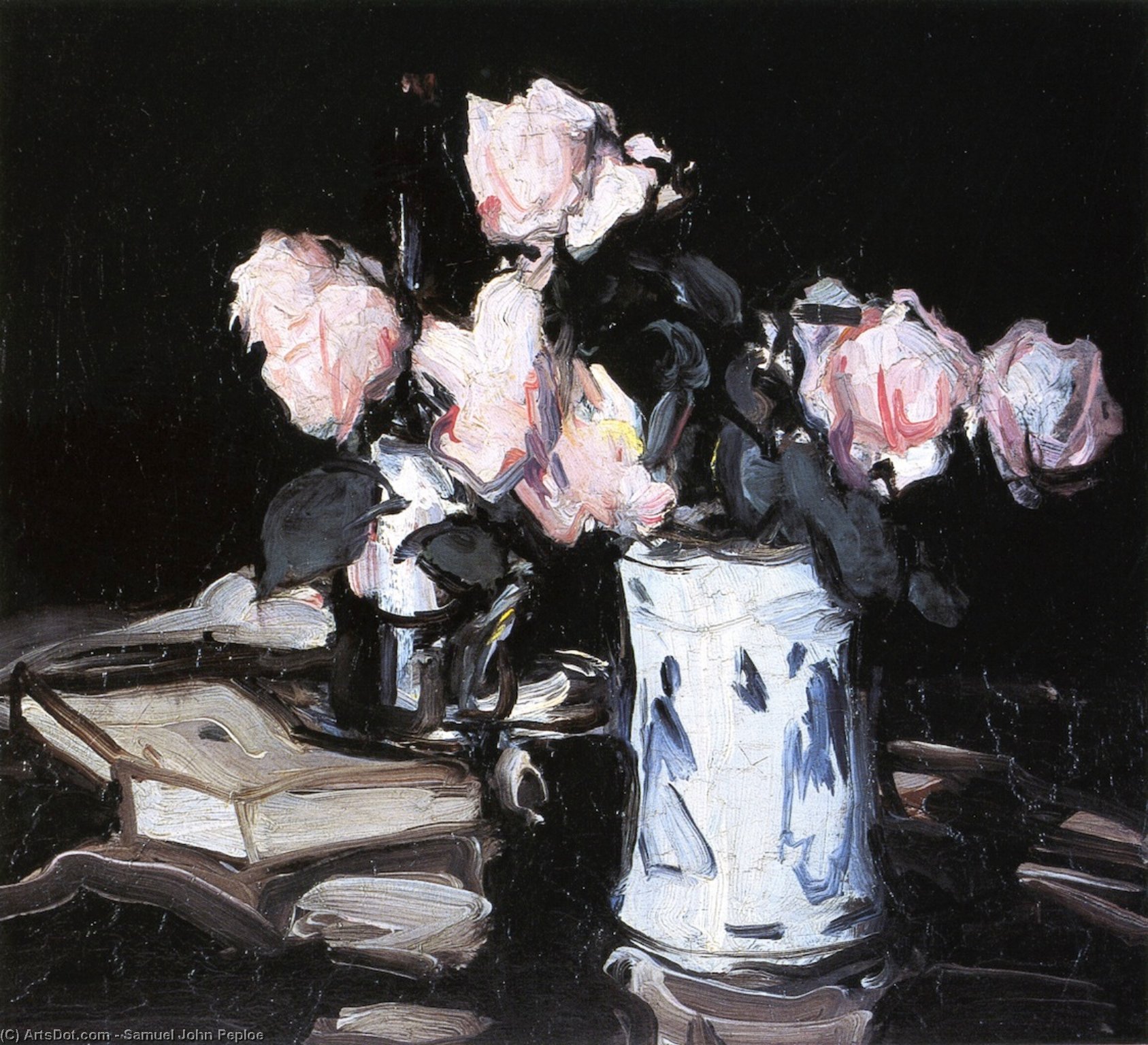 Wikioo.org - The Encyclopedia of Fine Arts - Painting, Artwork by Samuel John Peploe - Roses in a Blue and White Vase, Black Background