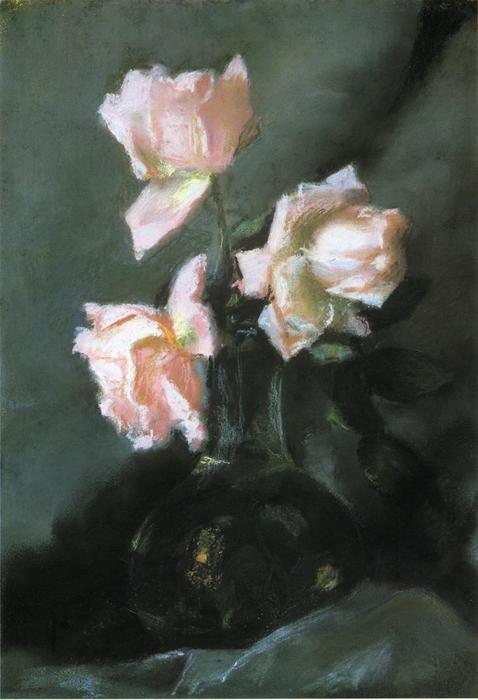 Wikioo.org - The Encyclopedia of Fine Arts - Painting, Artwork by John La Farge - Roses in a Vase