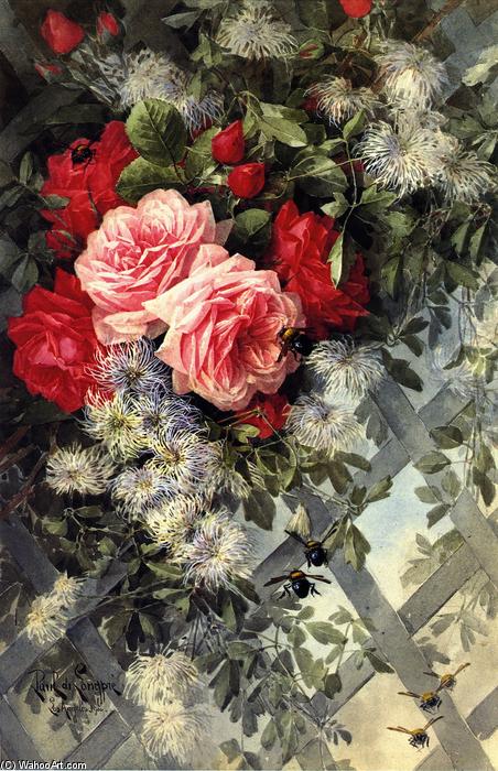 Wikioo.org - The Encyclopedia of Fine Arts - Painting, Artwork by Paul De Longpre - Roses La France and Jack Noses with Clematis on a Latice Work, No. 36