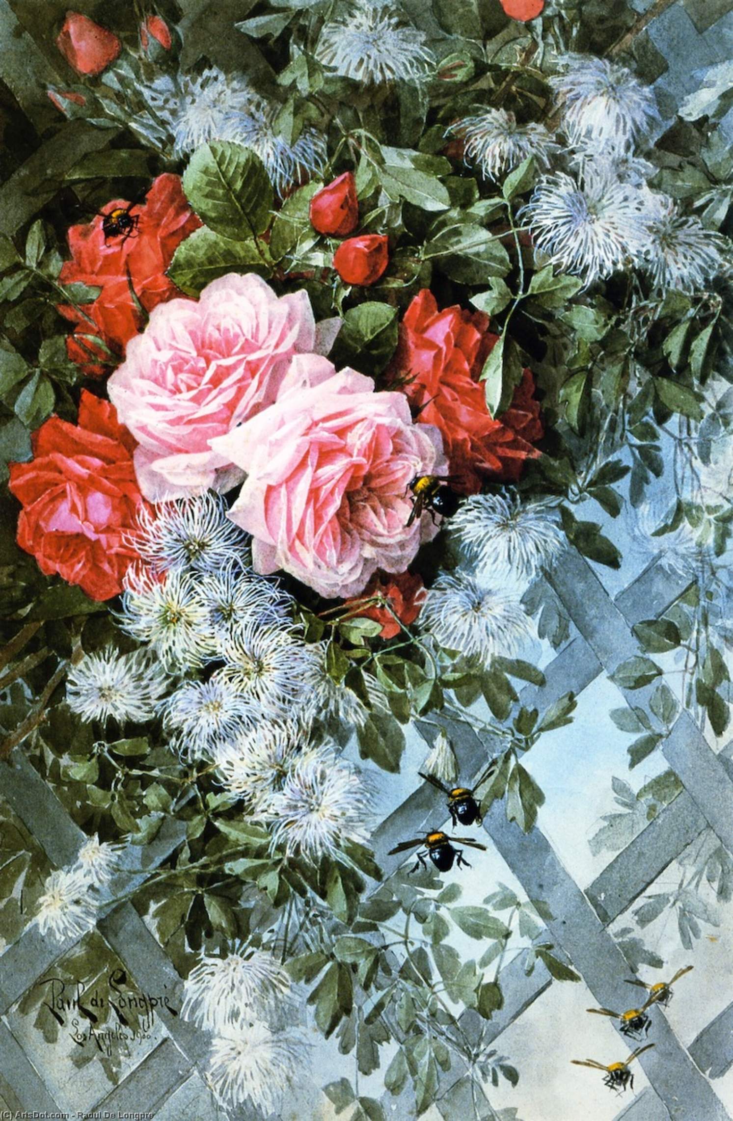 WikiOO.org - Encyclopedia of Fine Arts - Målning, konstverk Raoul De Longpre - Roses La France and Jack Roses with Clematis