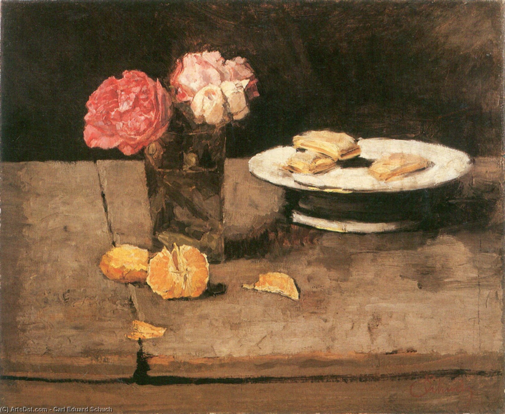 Wikioo.org - สารานุกรมวิจิตรศิลป์ - จิตรกรรม Carl Eduard Schuch - Roses, orange and biscuits on a plate