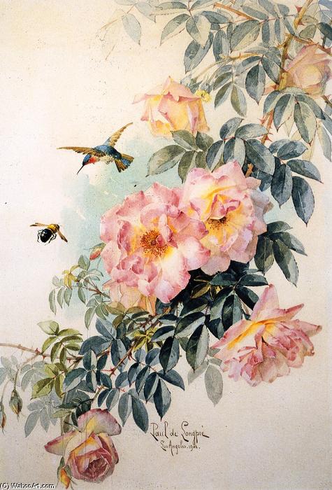 Wikioo.org - The Encyclopedia of Fine Arts - Painting, Artwork by Raoul De Longpre - Roses with Hummingbird and Bumblebee