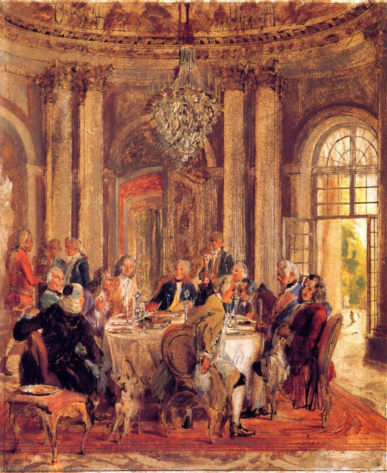 Wikioo.org – La Enciclopedia de las Bellas Artes - Pintura, Obras de arte de Adolph Menzel - la mesa redonda de federico II LA a Sanssouci ( dibujo )