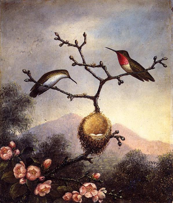 WikiOO.org - Енциклопедия за изящни изкуства - Живопис, Произведения на изкуството Martin Johnson Heade - Ruby Throats with Apple Blossoms