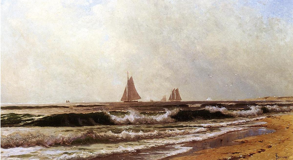 Wikioo.org - สารานุกรมวิจิตรศิลป์ - จิตรกรรม Alfred Thompson Bricher - Sailboats along the Shore (also known as Southampton Beach)