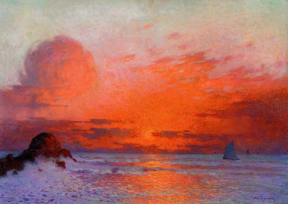 Wikioo.org - The Encyclopedia of Fine Arts - Painting, Artwork by Ferdinand Du Puigaudeau - Sailboats at Sunset (also known as Sun Setting on the Sea)