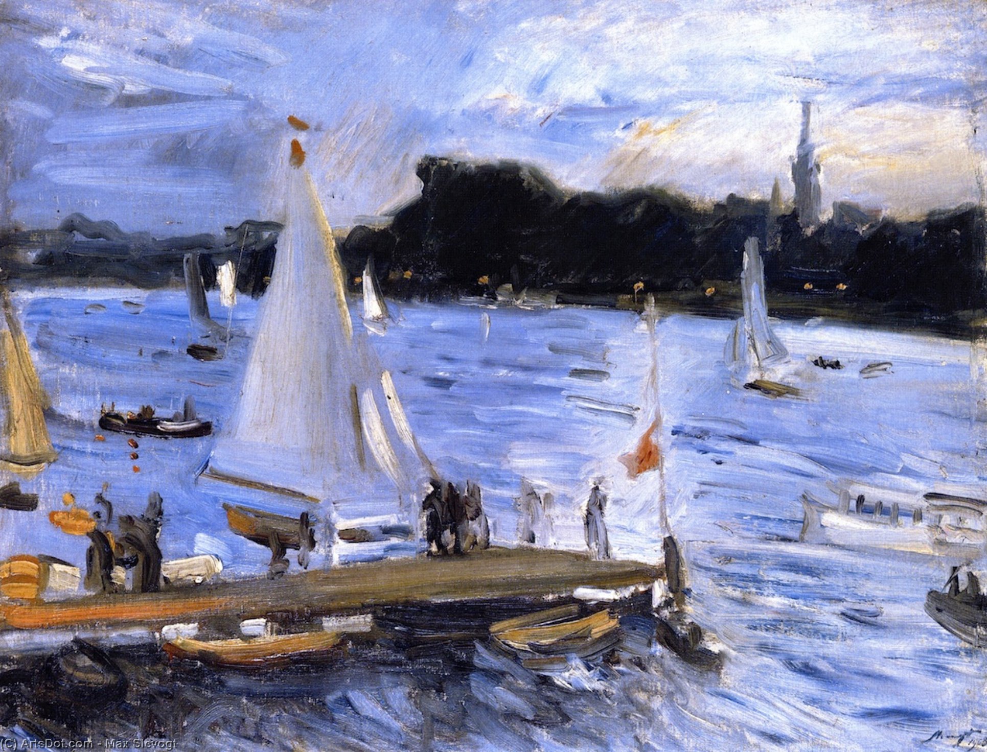 WikiOO.org – 美術百科全書 - 繪畫，作品 Max Slevogt - 帆船上 的  阿尔斯特  河  在  的  晚上