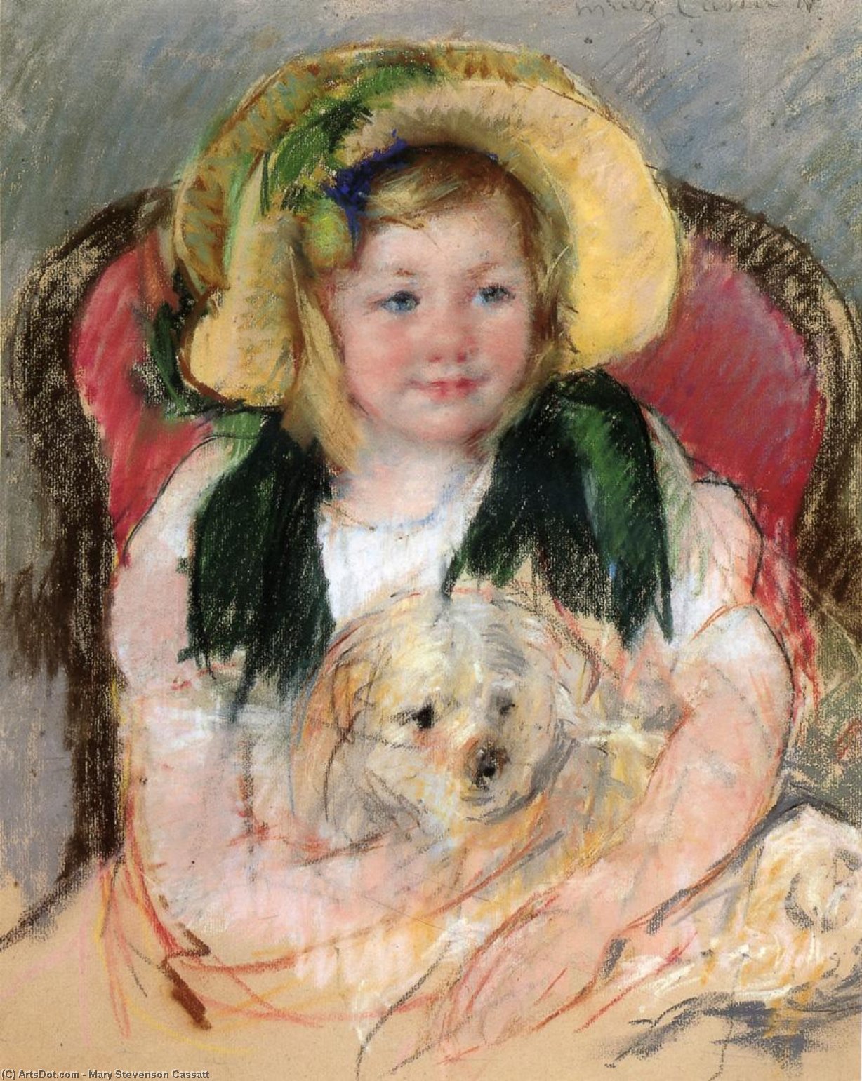 Wikioo.org - The Encyclopedia of Fine Arts - Painting, Artwork by Mary Stevenson Cassatt - Sara with Her Dog, in an Armchair, Wearing a Bonnet with a Plum Ornament