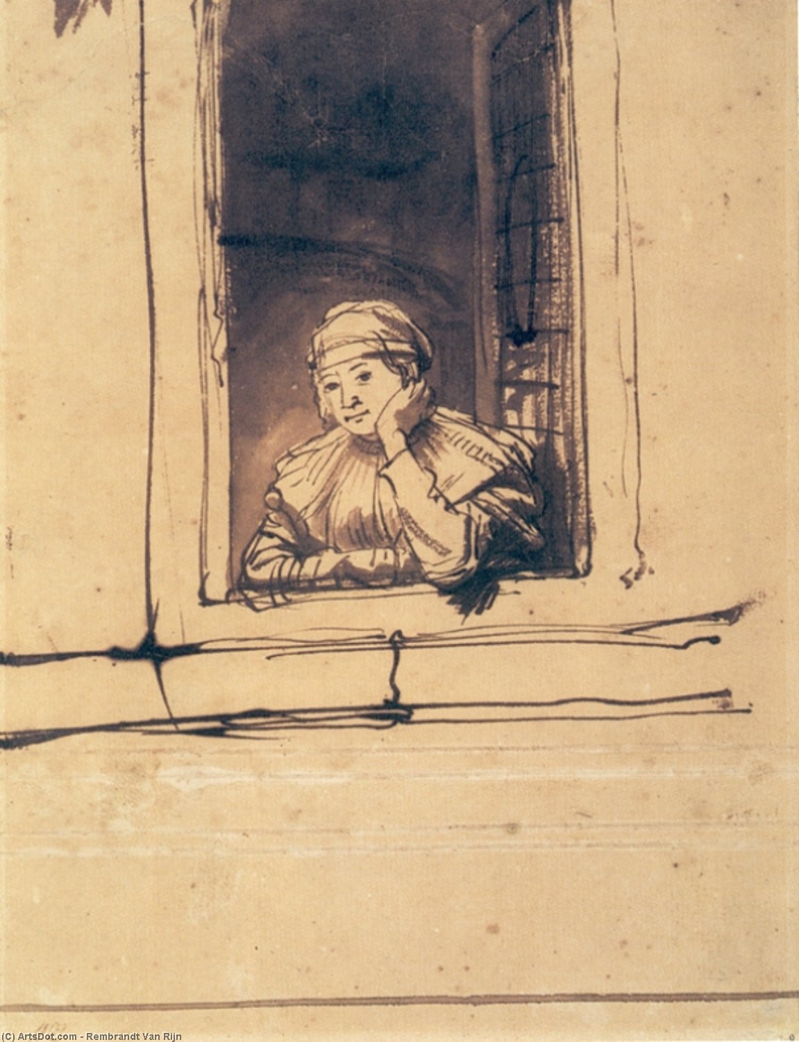WikiOO.org - 백과 사전 - 회화, 삽화 Rembrandt Van Rijn - Saskia Looking out of a Window