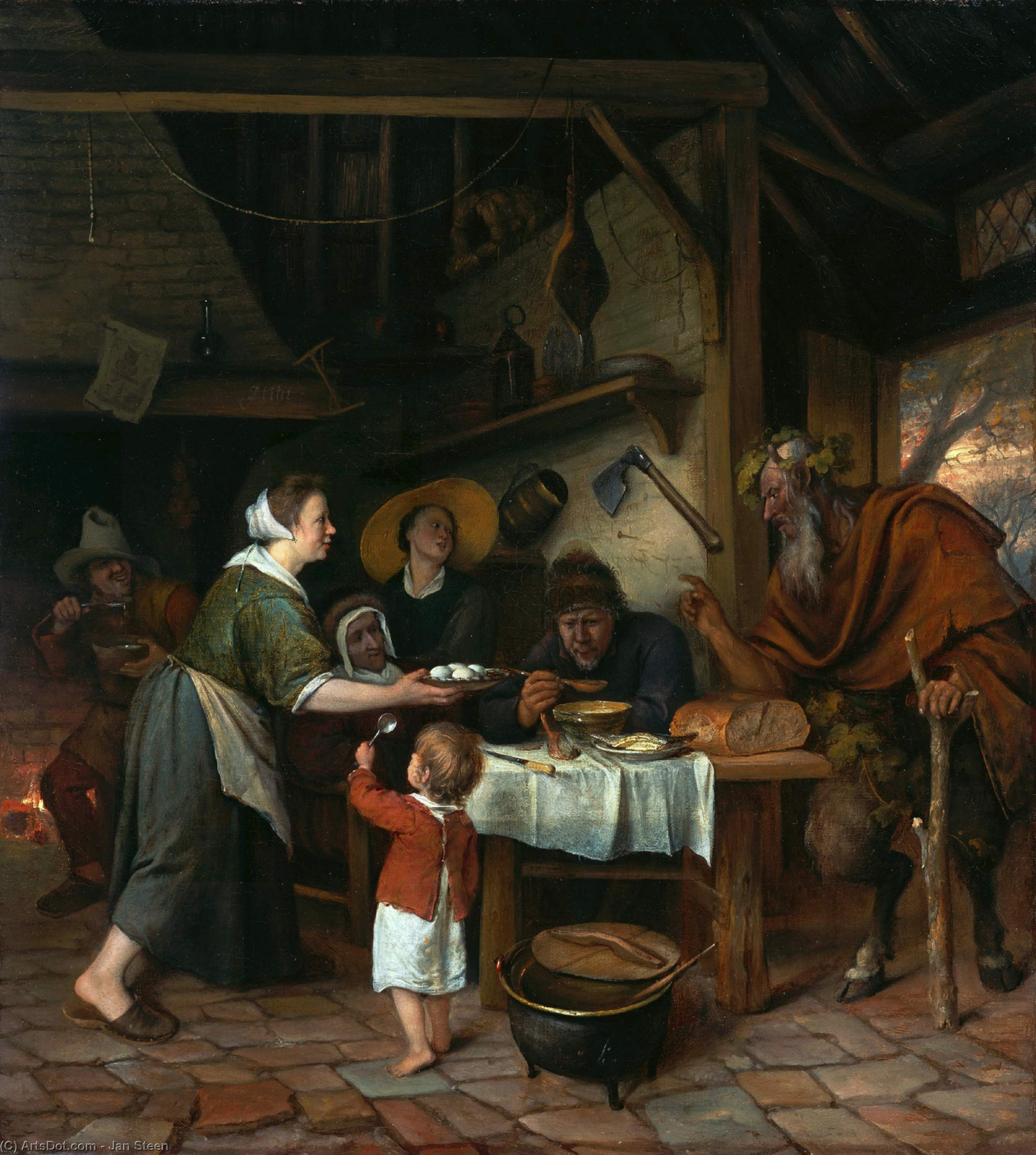 Wikioo.org - The Encyclopedia of Fine Arts - Painting, Artwork by Jan Steen - Satyr and the Peasant Family