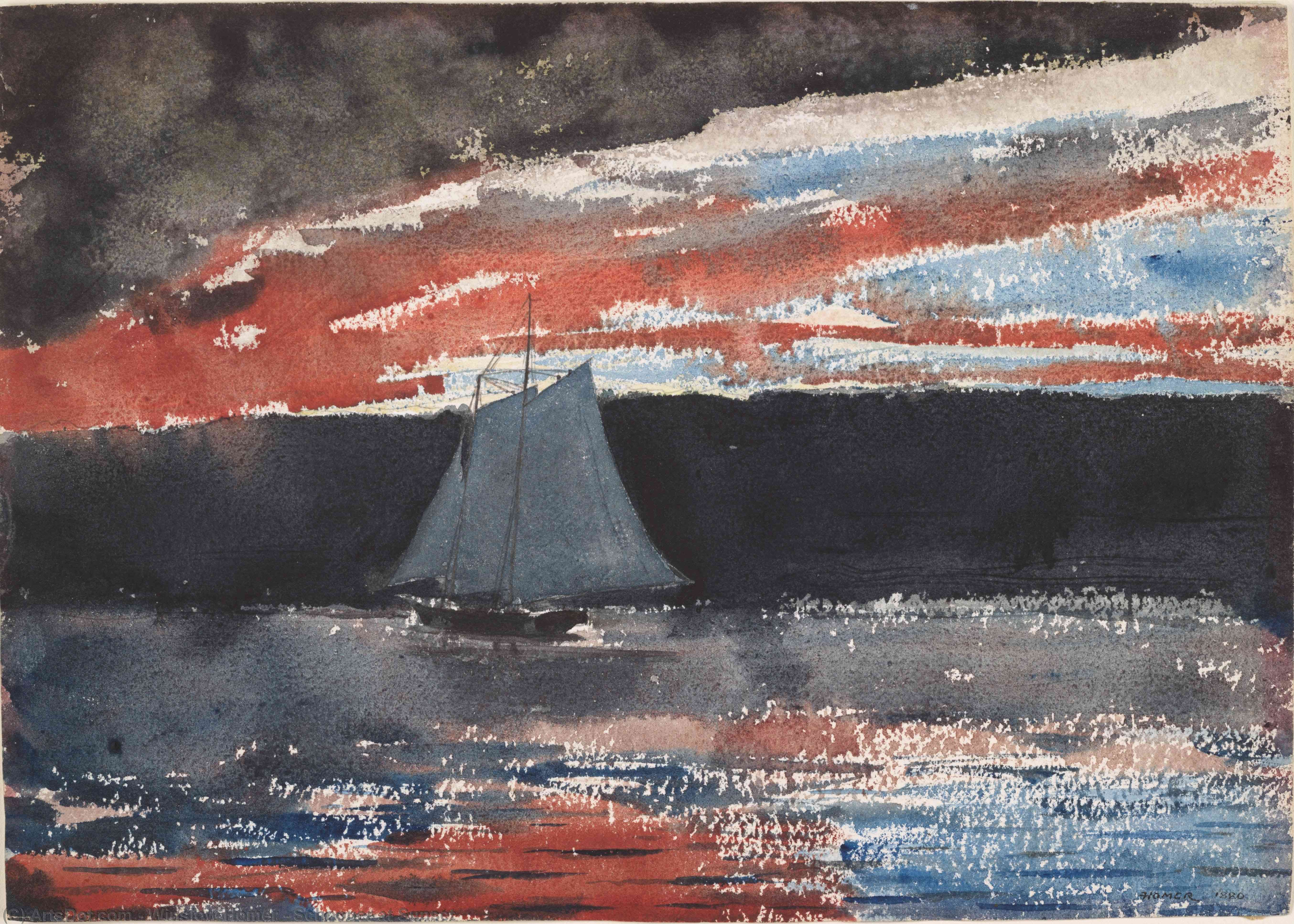 Wikioo.org - สารานุกรมวิจิตรศิลป์ - จิตรกรรม Winslow Homer - Schooner at Sunset