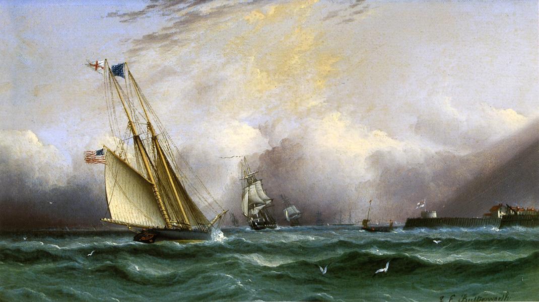 WikiOO.org - دایره المعارف هنرهای زیبا - نقاشی، آثار هنری James Edward Buttersworth - Schooner 'Columbia' off Portsmouth Harbor, England