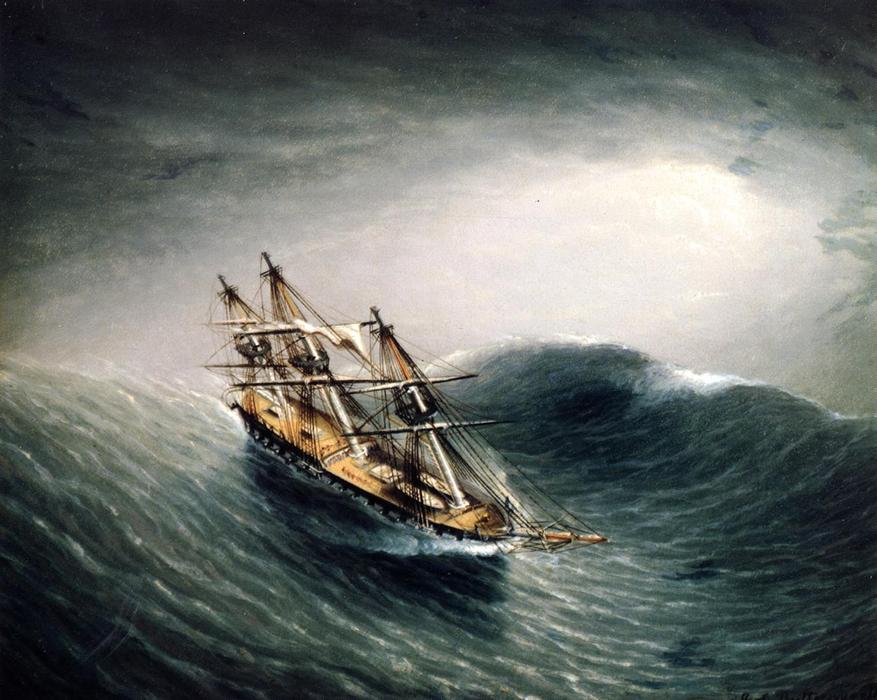 WikiOO.org - 百科事典 - 絵画、アートワーク James Edward Buttersworth - 嵐の海のスクーナー