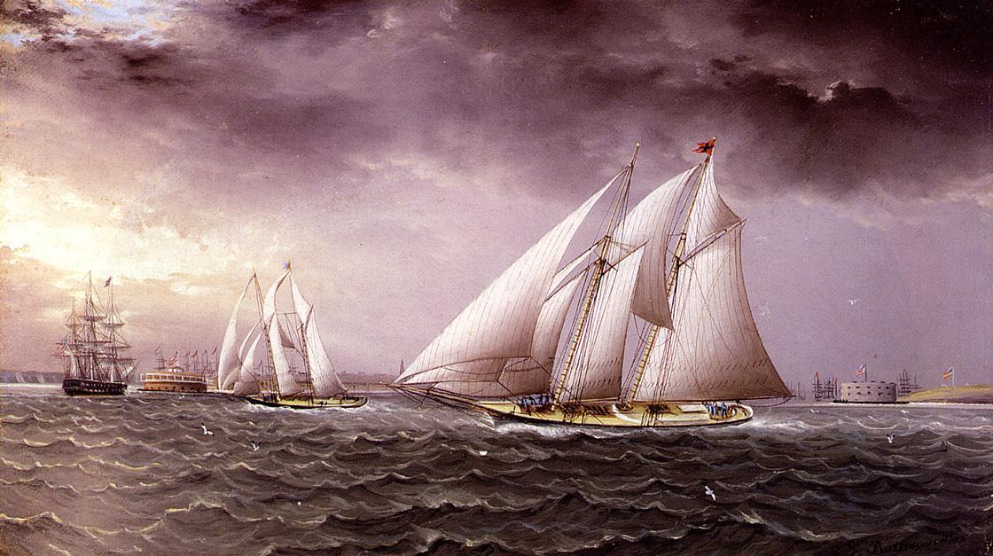 Wikioo.org – La Enciclopedia de las Bellas Artes - Pintura, Obras de arte de James Edward Buttersworth - Carrera Schooner en Nueva York Harbor
