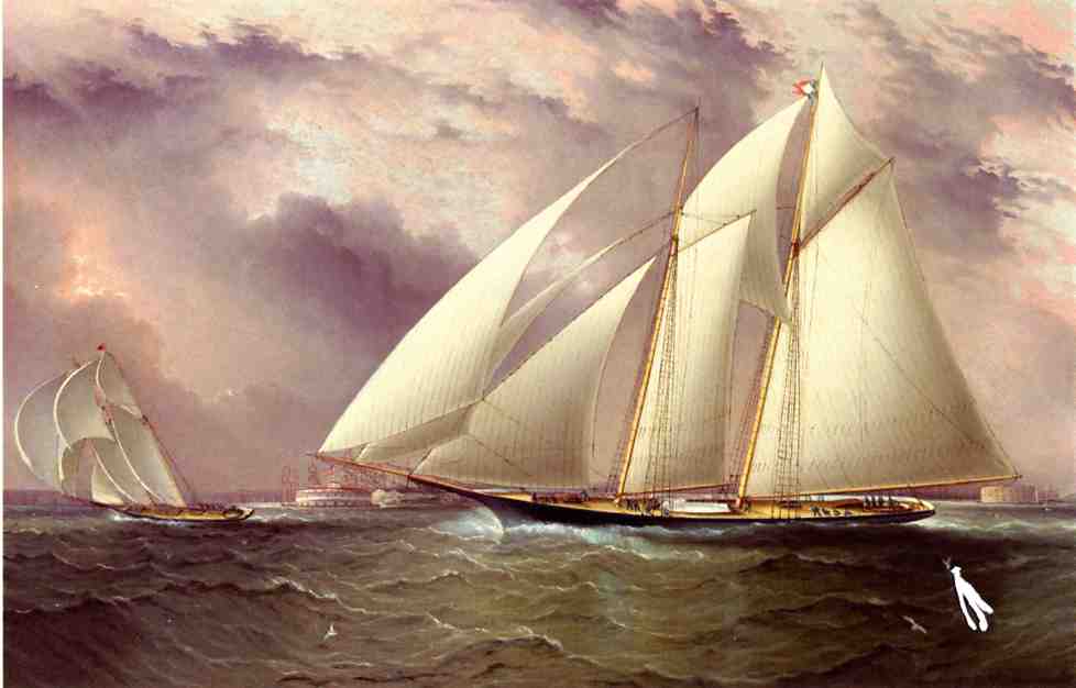 Wikioo.org - สารานุกรมวิจิตรศิลป์ - จิตรกรรม James Edward Buttersworth - Schooner Racing off New York Harbor