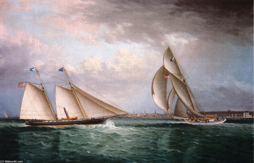 Wikioo.org - The Encyclopedia of Fine Arts - Painting, Artwork by James Edward Buttersworth - The Schooner 'Triton' and The Sloop 'Christine' Racing in Newport Harbor