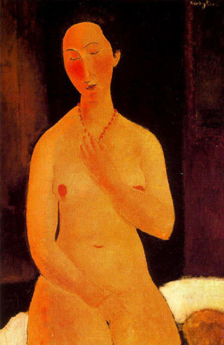 Wikoo.org - موسوعة الفنون الجميلة - اللوحة، العمل الفني Amedeo Modigliani - Seated nude with Necklace