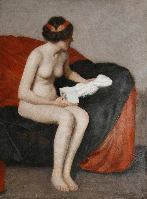 Wikioo.org - The Encyclopedia of Fine Arts - Painting, Artwork by William Macgregor Paxton - Seated nude with sculpture