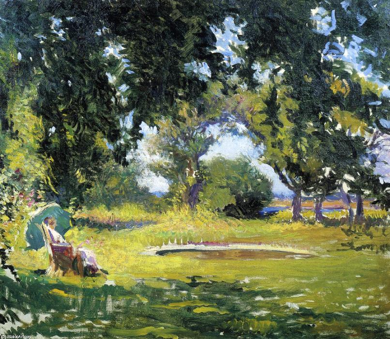 Wikioo.org - The Encyclopedia of Fine Arts - Painting, Artwork by Edmund Charles Tarbell - Seated Woman by a Pond (also known as My Wife in a Garden)