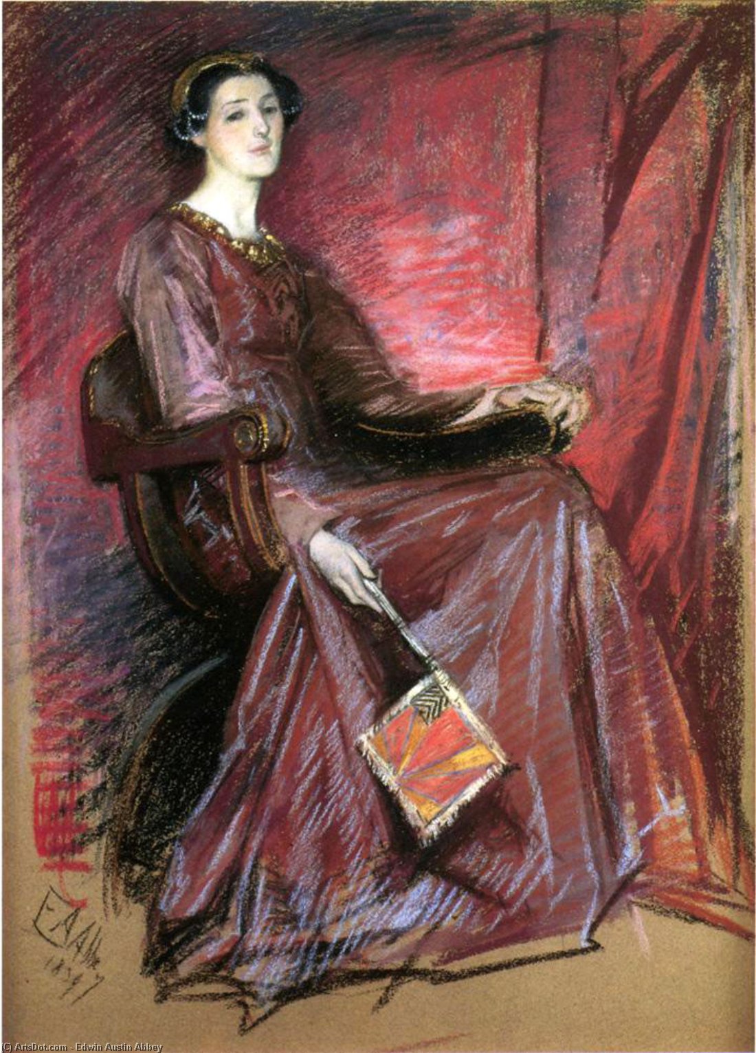 Wikioo.org - The Encyclopedia of Fine Arts - Painting, Artwork by Edwin Austin Abbey - Seated Woman Wearing Elizabethan Headdress