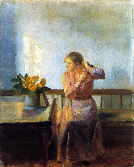 WikiOO.org - Enciclopédia das Belas Artes - Pintura, Arte por Anna Kirstine Ancher - Seated Woman Weaving Her Hair