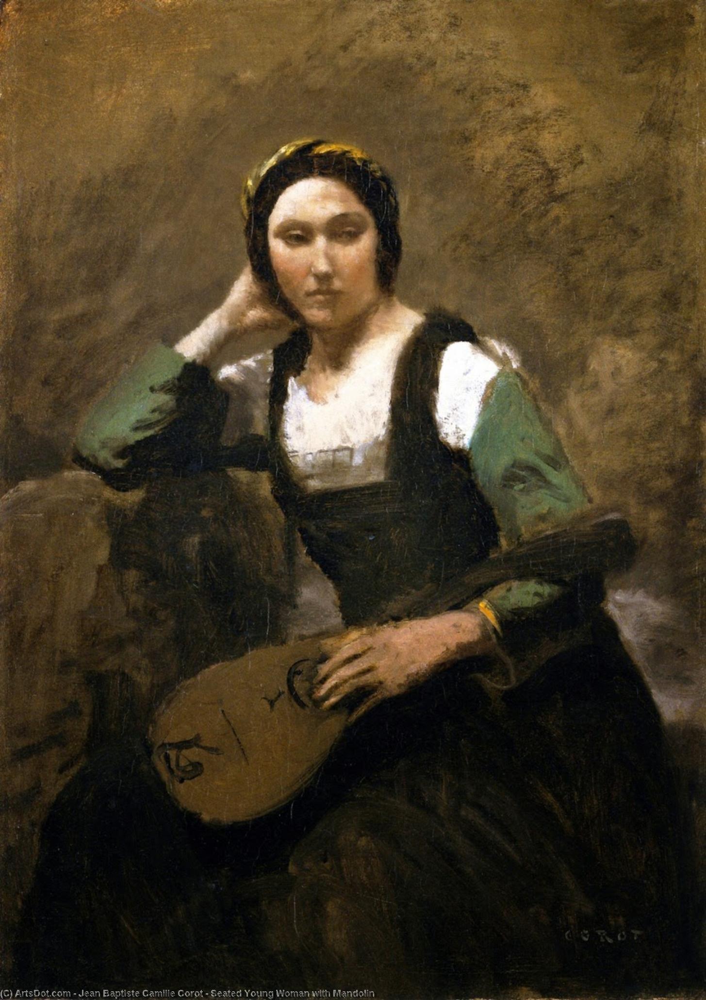 WikiOO.org - Encyclopedia of Fine Arts - Lukisan, Artwork Jean Baptiste Camille Corot - Seated Young Woman with Mandolin