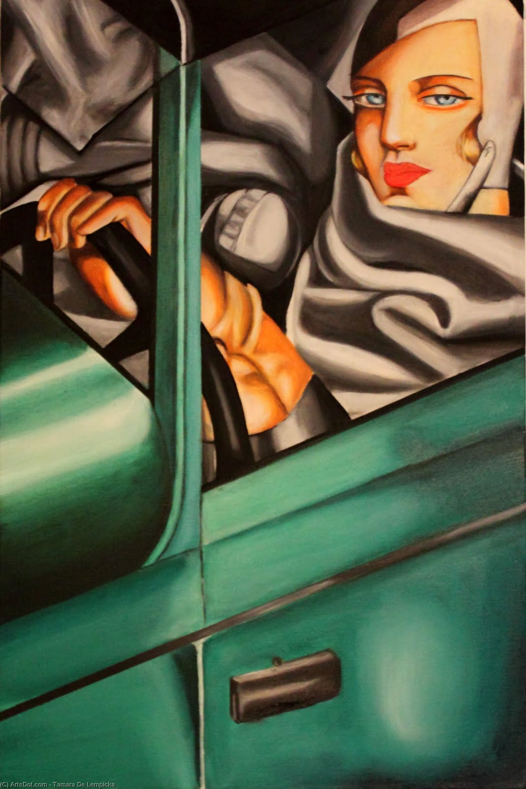 Wikioo.org – La Enciclopedia de las Bellas Artes - Pintura, Obras de arte de Tamara De Lempicka - Self-Portrait en el bugatti verde