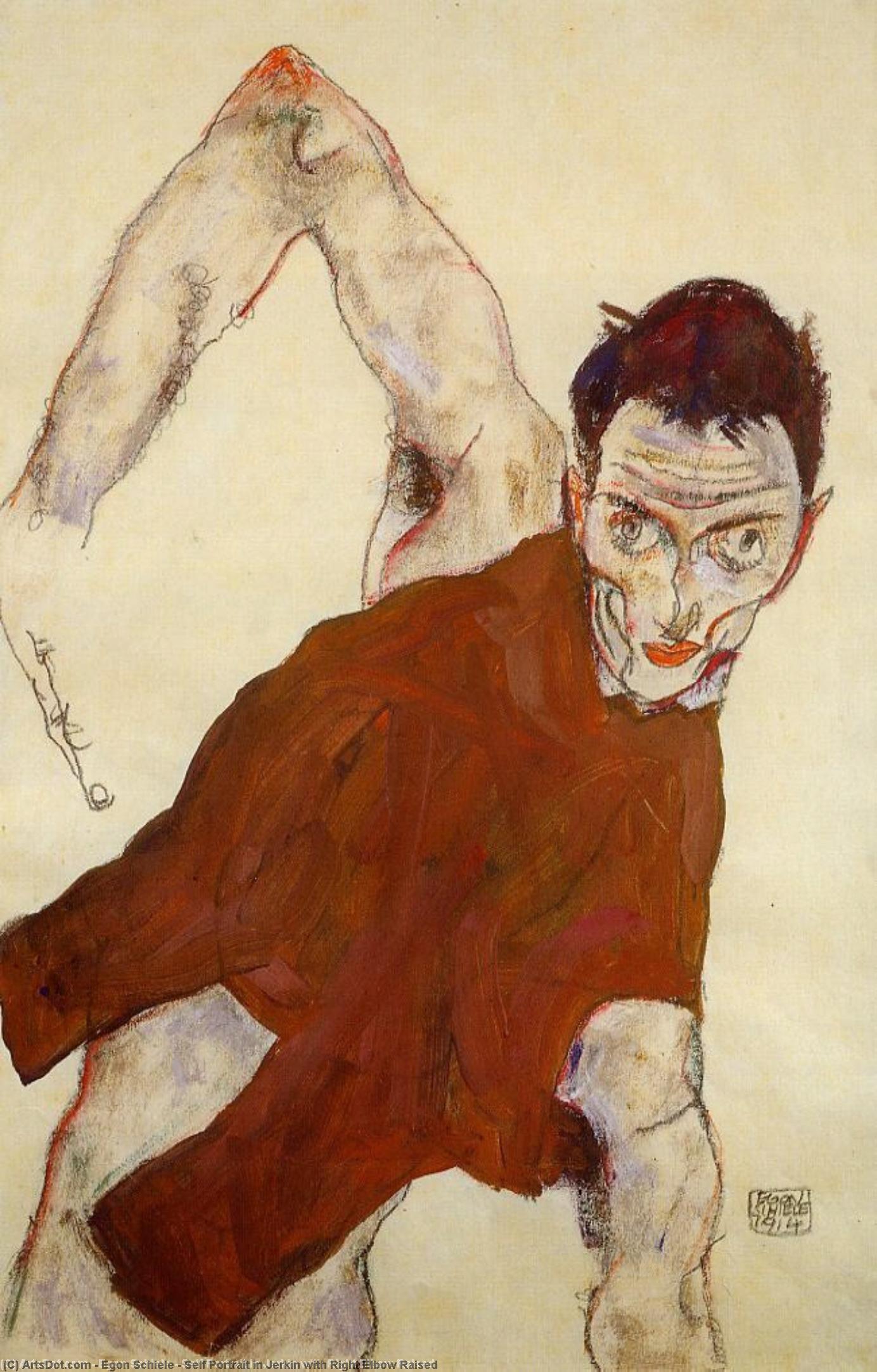 Wikioo.org - The Encyclopedia of Fine Arts - Painting, Artwork by Egon Schiele - Self Portrait in Jerkin with Right Elbow Raised