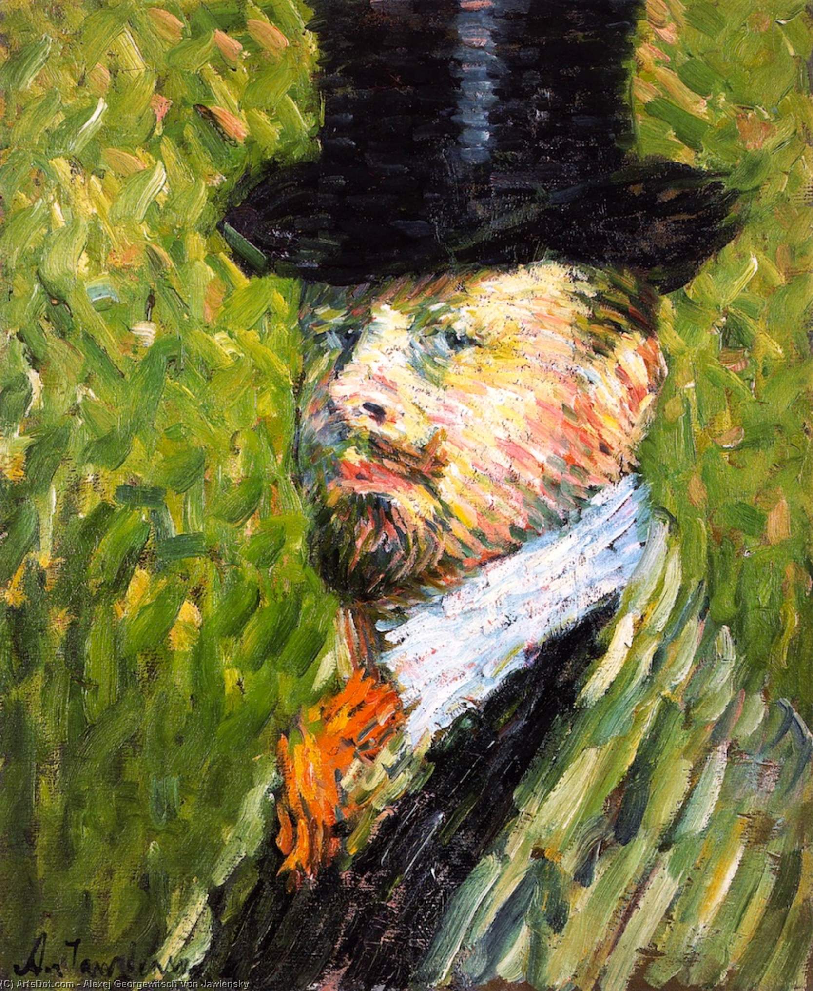 Wikioo.org - The Encyclopedia of Fine Arts - Painting, Artwork by Alexej Georgewitsch Von Jawlensky - Self-Portrait in Top Hat