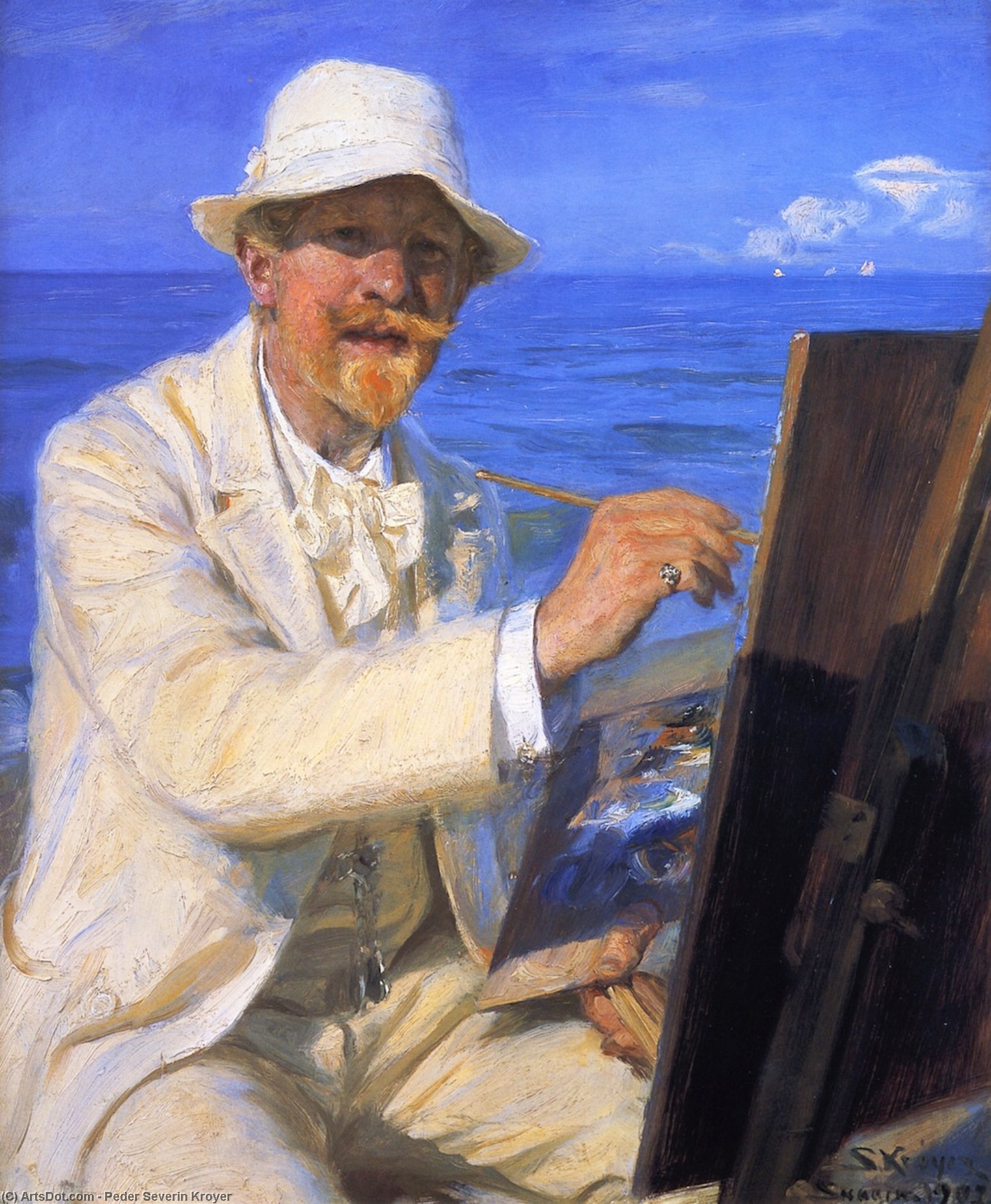 Wikioo.org - The Encyclopedia of Fine Arts - Painting, Artwork by Peder Severin Kroyer - Self-Portrait, Sitting by His Easel at Skagen Beach