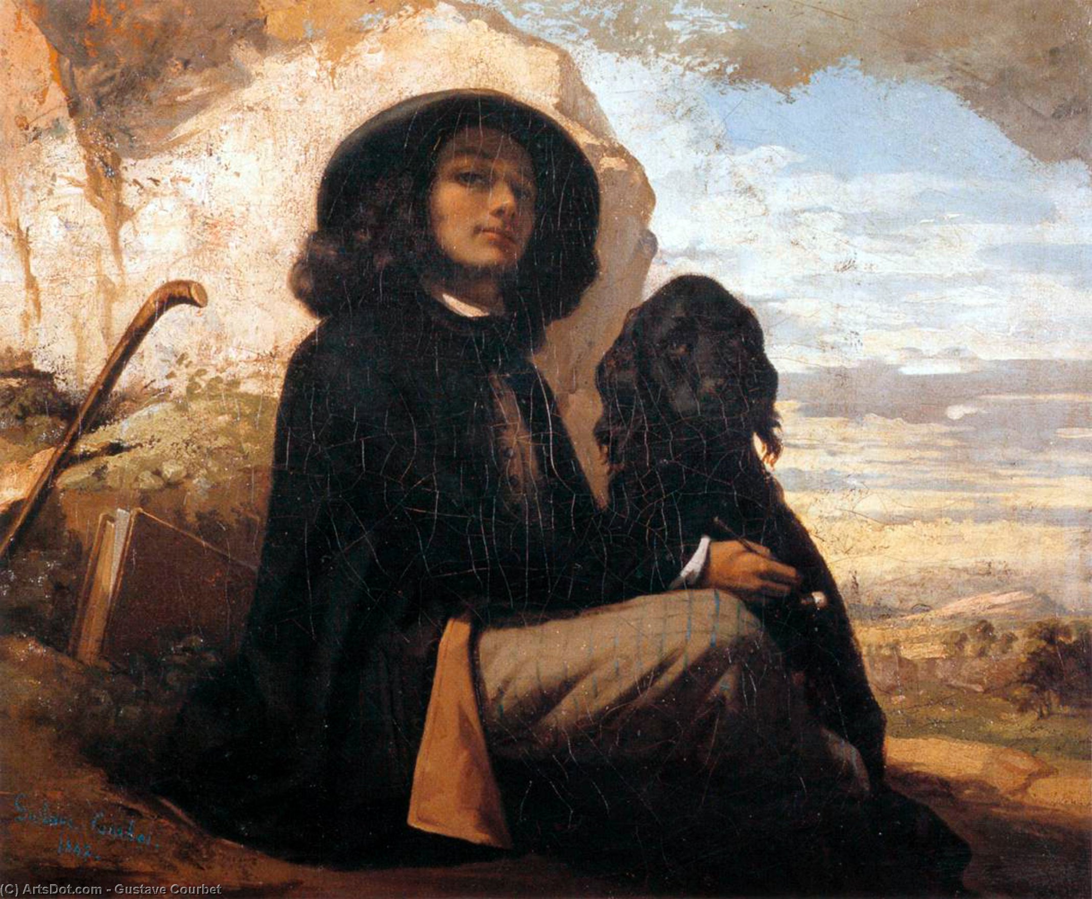 WikiOO.org - 百科事典 - 絵画、アートワーク Gustave Courbet - セルフポートレート（） と一緒に  ブラック  犬