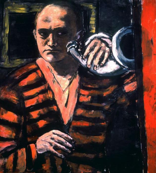 Wikioo.org - The Encyclopedia of Fine Arts - Painting, Artwork by Max Beckmann - Self-Portrait with Horn