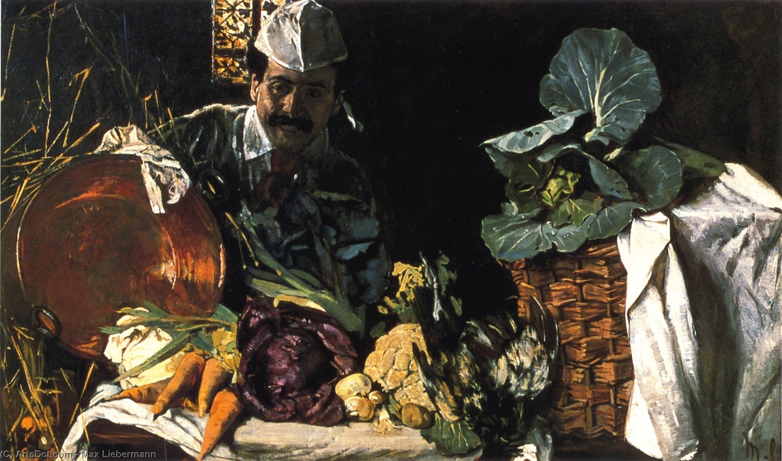 Wikioo.org - The Encyclopedia of Fine Arts - Painting, Artwork by Max Liebermann - Self Portrait with Kitchen Still LIfe
