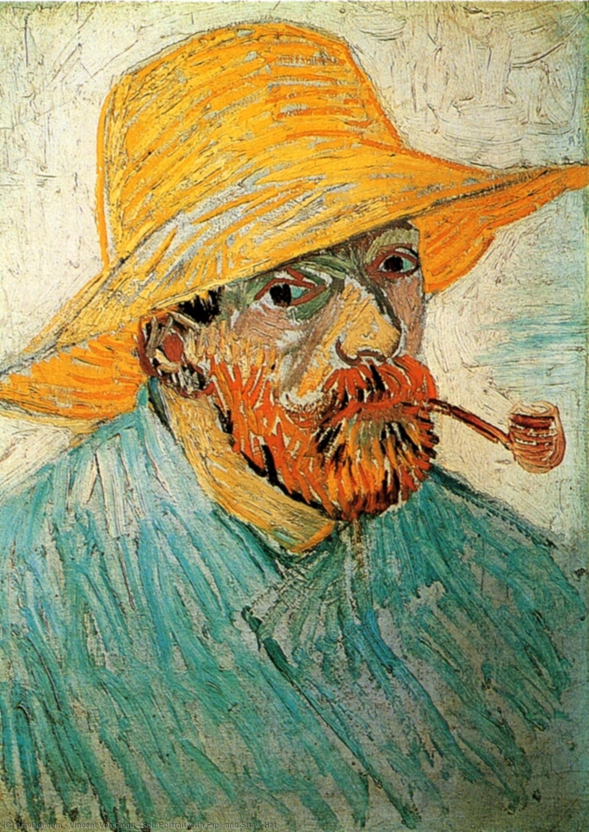 Wikioo.org - The Encyclopedia of Fine Arts - Painting, Artwork by Vincent Van Gogh - Self Portrait with Pipe and Straw Hat