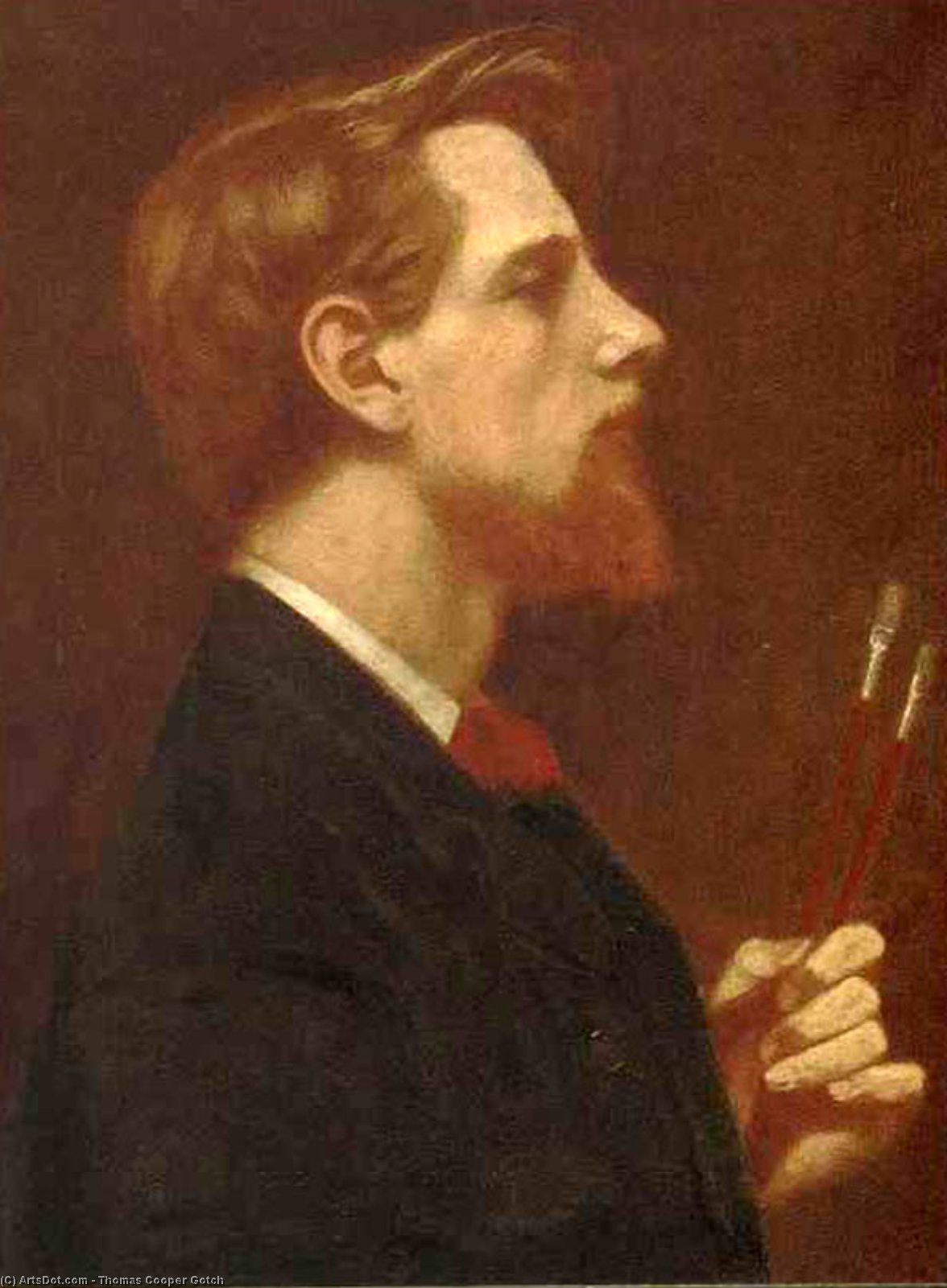 Wikioo.org – L'Encyclopédie des Beaux Arts - Peinture, Oeuvre de Thomas Cooper Gotch - autoportrait avec  deux  carré  brosses