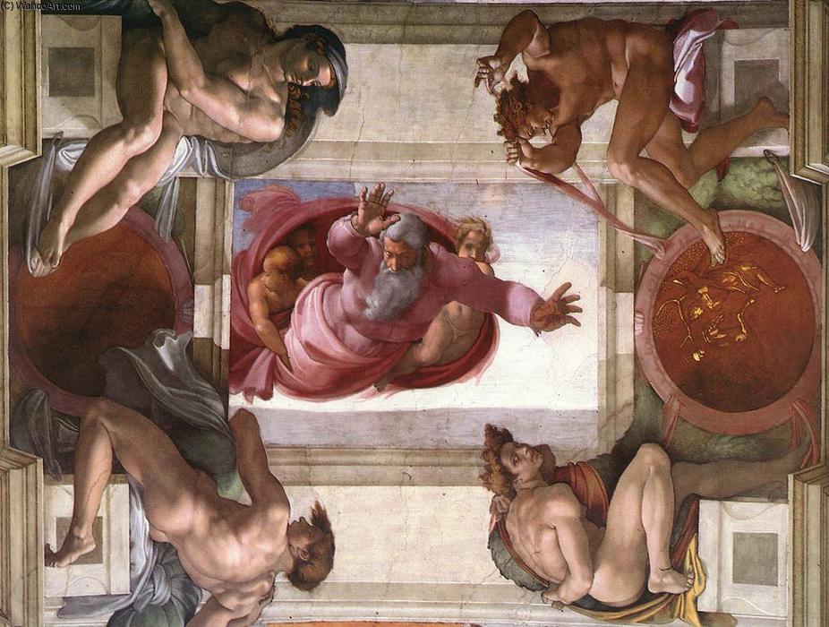 WikiOO.org – 美術百科全書 - 繪畫，作品 Michelangelo Buonarroti - 分离 地球  从 水域 ( 与 ignudi和奖章 )